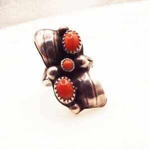 ANT.1920'S *PAWN* NAVAJO STERLING LEAVES & SPINY CORAL CABOCHON SZ. 6.75 RING 71